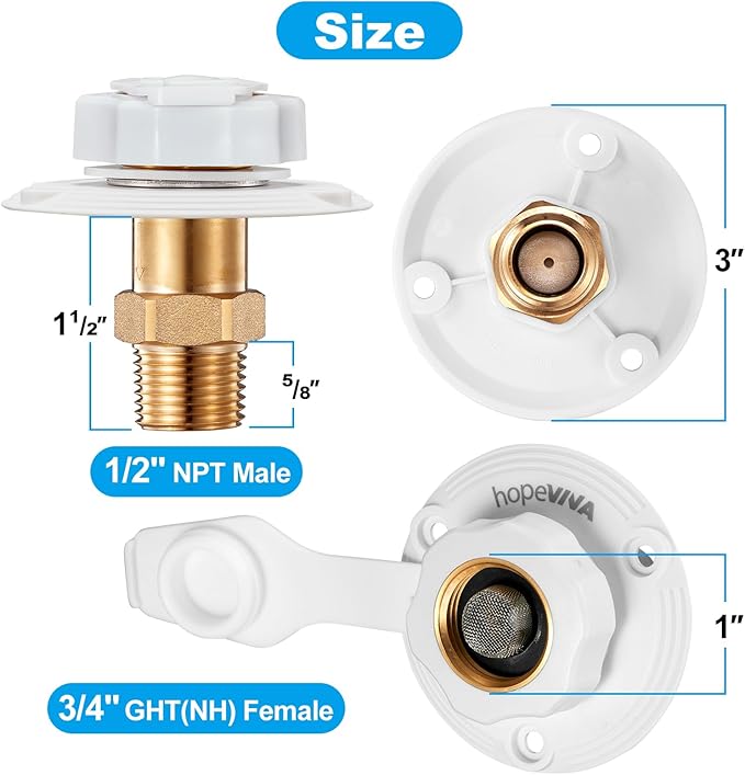 RV Water Inlet Replacement, White Flange RV City Water Inlet with Check Valve, Brass RV Fresh Water Inlet 3/4" GHT Female to 1/2" NPT Male City Water Connection for RV Camper