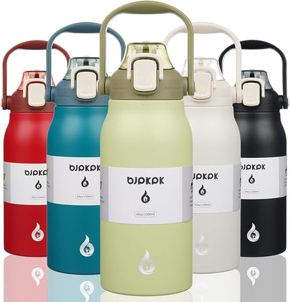 BJPKPK Insulated Water Bottles with Straw, 45 oz Stainless Steel Metal Water Bottle with One-handed Opening Lid, BPA Free Reusable Jugs for Gym Sports Outdoors, Light Green