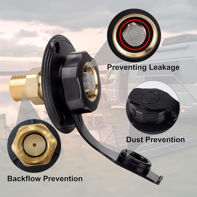 BFXM RV City Water Inlet with Check Valve – RV Water Inlet Connection, RV Water Fill Inlet with 3/4" NH Female to 1/2" NPT Male, Ideal for RV Accessories, Travel Trailers, Camping, and Boats in Black