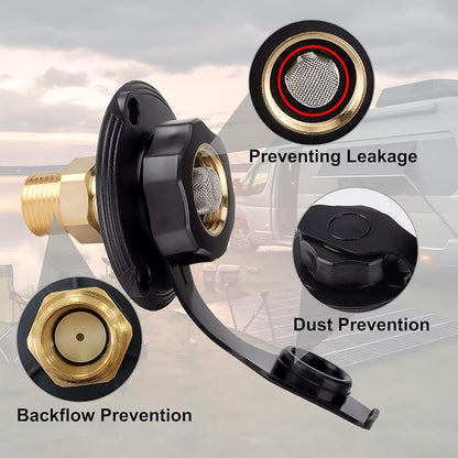 BFXM RV City Water Inlet with Check Valve – RV Water Inlet Connection, RV Water Fill Inlet with 3/4" NH Female to 1/2" NPT Male, Ideal for RV Accessories, Travel Trailers, Camping, and Boats in Black