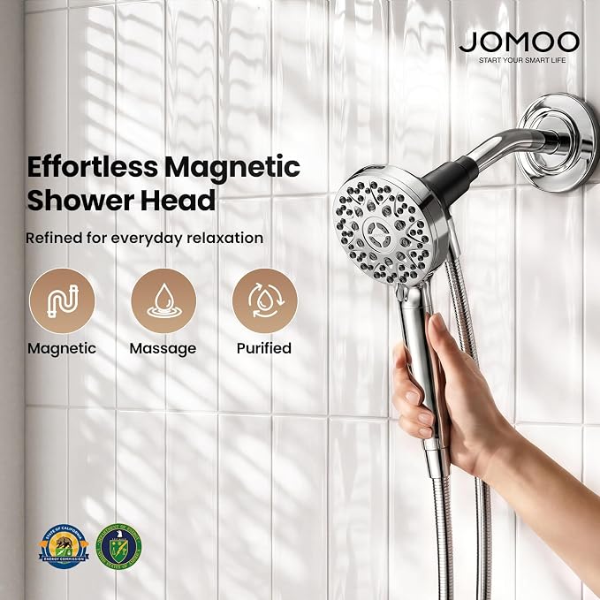 JOMOO Filtered Shower Head with Handheld, 4.5 Inch High Pressure Magnetic Showerhead with Filter, 7 Spray Modes Handheld Shower Head for Hard Water with Magnetic Docking, Chrome