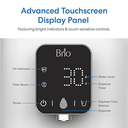 Brio SIMPL W2 Countertop Water Dispenser w/Refillable 2.5L Water Tank, 2-in-1 Sediment & Carbon Filter Included, Room Temp., LED Display w/Touch Buttons, No Plumbing Necessary, White