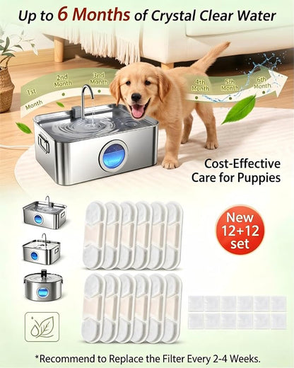 12 Pack Dog Water Fountain Filters Replacement Compatible with Zuqqony DYSJ01 12L MAILOFY WF120 WF160 FIYOVA Stainless Steel Automatic Pet Dispenser, 5-Layer Water Softener Carbon Filter, 6-Month Set