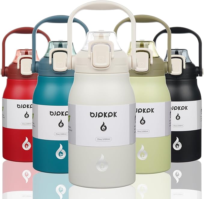 BJPKPK Insulated Water Bottles with Straw, 35 oz Stainless Steel Metal Water Bottle with One-handed Opening Lid, BPA Free Sport Jugs, Flasks for Men & Women, White