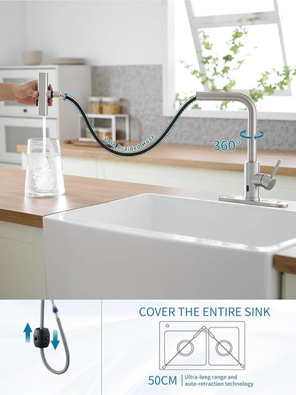 Touchless Kitchen Faucets with Pull Down Sprayer,Waterfall Kitchen Sink Faucet,Commercial Utility Stainless Steel Kitchen Faucets,Single Handle Kitchen Sink Faucet for 3 Function,Brushed