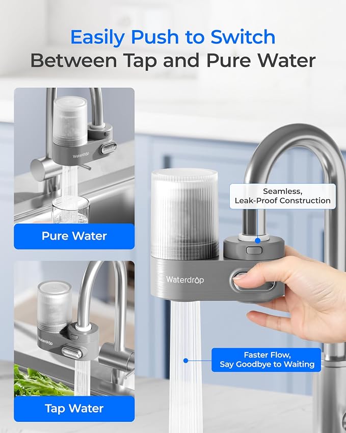 Waterdrop FC-07 Water Filter for Sink Faucet, Visible Filter Housing | Reduces Chlorine, Faucet Mount Water Purifier, NSF Certified Tap Water Filter for Kitchen Sink, 320 Gallon Long Life