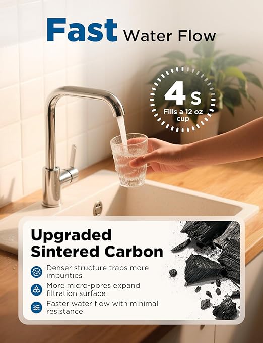 NOVETE Under Sink Water Filter, Upgraded 30K Gallons, NSF/ANSI 42 & 372 Certified, Reduces 99.5% Chlorine, Lead, PFOA/PFOS, Bad Taste, Direct Connect to Kitchen Faucet, USA Tech, UWF1A-PC-1, Black