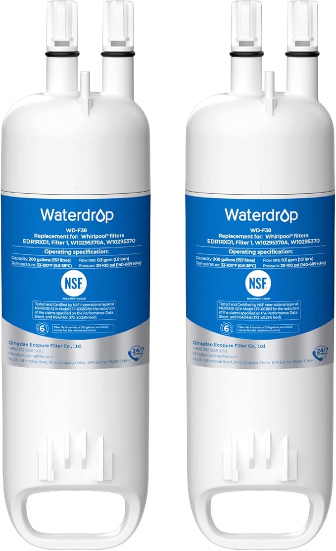 Waterdrop EDR1RXD1 Refrigerator Water Filter, 2 Pack | Replacement for Everydrop® Filter 1, Whirlpool® W10295370A, EDR1RXD1B, P8RFWB2L, P4RFWB, WD-F38, Kenmore® 46-9081, 46-9930