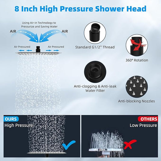 Hibbent All Metal Rain Shower Head, 8'' High Pressure Rainfall Showerhead with 16" Shower Head Extension Arm, Solid Brass Adjustable Shower Arm Extender, Waterfall Fixed Showerheads, Matte Black