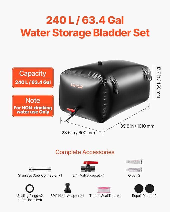 VEVOR Water Storage Bladder, 63.4 Gal Collapsible Water Storage Bag, Wear-Resistant 1000D PVC Soft Waters Bag, Leakproof Camping Tank Containers for Garden Irrigation RV Emergency Use, Black