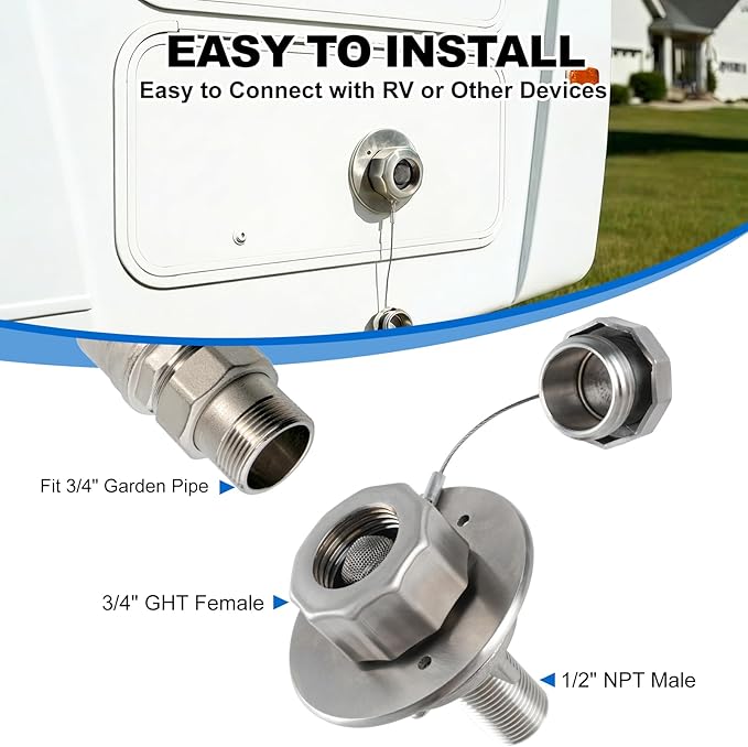 All Metal RV City Water Inlet With Check Valve - Durable Replacement Water Fill Connection for Camper, Motorhome, Trailer, Marine