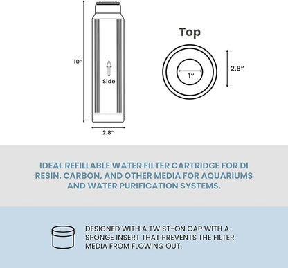 AQUATICLIFE 10" x 2.5" Translucent Refillable Reusable Water Filter Cartridge for DI Resin and Other Media