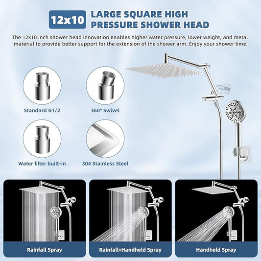 12” All Metal Rain Shower Head, High Pressure Rainfall Shower Head with Handheld Spray Combo, 5” Handheld Spray Powerful Clean 10-Mode, 16" Shower Extension Arm, 71" Hose, 3-Way Diverter, Chrome