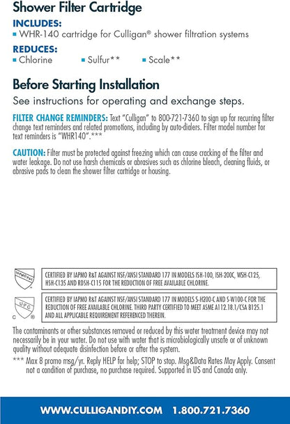 Culligan® Official Shower Filter Replacement WHR-140 Cartridge for Culligan Water Shower Filter Systems WHR-140,WSH-C125,ISH-100,HSH-C135,(Pack of 6)