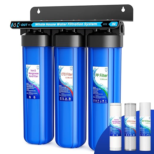 Whole House Water Filter System, 3-Stage Iron & Manganese Removal 20"x4.5" Filter, with Sediment Filter, Reduces Iron, Manganese, Chlorine, Odor, Sediment,1" NPT, 120,000 Gal Capacity