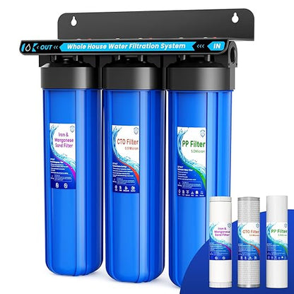 Whole House Water Filter System, 3-Stage Iron & Manganese Removal 20"x4.5" Filter, with Sediment Filter, Reduces Iron, Manganese, Chlorine, Odor, Sediment,1" NPT, 120,000 Gal Capacity