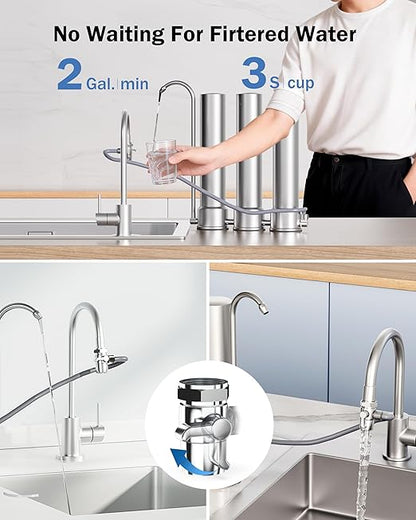 Frizzlife TS99 Countertop Water Filter System, NSF 42&372 Certified 9-Stage Stainless Steel Faucet Water Filtration, 0.5 Micron Elements Reduces 99.99% Lead, Chlorine, Heavy Metals, Bad Taste & Odor