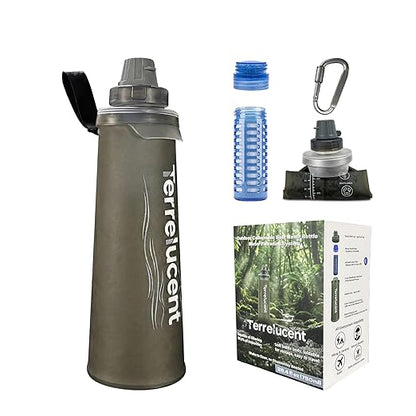 750ML Collapsible Water Bottle with Filter, Squeeze Filtered Water Bottle, BPA-Free, Dual Filtration, Ultralight Water Filter System for Hiking, Camping, Backpacking (Gray, 25.4 OZ)