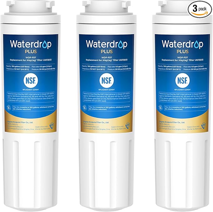 Waterdrop Plus UKF8001 NSF 401,53 Certified Refrigerator Water Filter, Reduce PFAS, Replacement for Whirlpool® Everydrop® Filter 4, EDR4RXD1, Maytag® UKF8001AXX, 3 Filters (Packaging May Vary)