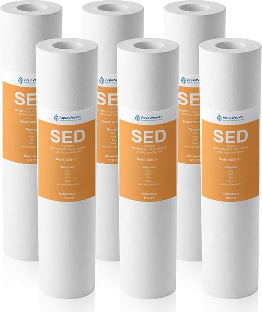 1 Micron Whole House Sediment Filter 10 x 2.5 for RO & Well Water Filters Replacement Cartridges Compatible with AP110, WHKF-GD05, WFPFC5002, CFS10, 6 Pack