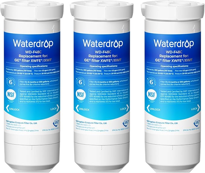 Waterdrop Water Filter Replacement for GE® XWFE®, Built-in Chip, 3 Pack | Replacement for GE® XWF, Compatible with GNE27, GFE26, GDE25, GSS25 and PSE25 Series Refrigerators, NSF 42 & 372 Certified