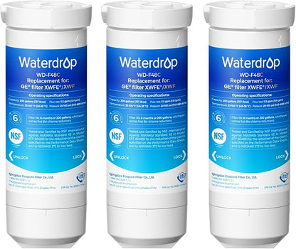 Waterdrop Water Filter Replacement for GE® XWFE®, Built-in Chip, 3 Pack | Replacement for GE® XWF, Compatible with GNE27, GFE26, GDE25, GSS25 and PSE25 Series Refrigerators, NSF 42 & 372 Certified