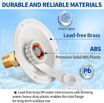 RV City Water Fill Inlet Flange Check Valve Water Hookup Connector 3/4 NH Female to 1/2 NPT Male Mount Lead-Free Brass Flush RV Water Backflow Preventer with Dust Plug for RV Camper Motorhome