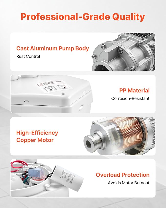 VEVOR Utility Sink Pump, 1 HP, 2200 GPH Under Sink Pump with 3 Water Inlets 1 Outlet, 36 ft Max Lift, Cast Aluminum Motor, Macerating Toilet System, for Sink Shower Wash Bin Urinal Kitchen Basement | for Shower Kitchen Basement, Cast Aluminum Motor, 1....