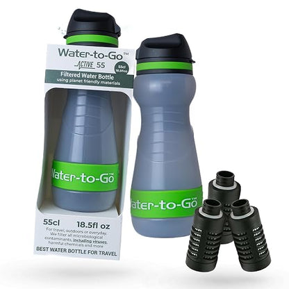 Water-to-Go Small Filter Water Bottle, 18.5oz/55cl Value Bundle | Value Bundle with Three Filters, Nanofiltration, For Travel, BPA-Free Bioplastic