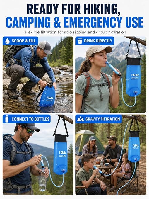 Gravity Water Filter System, TPU Water Purifier Bag, 0.01 Micron Ultrafiltration, 4000L Lifespan, BPA-Free Portable Water Filtration for Camping, Backpacking, Survival Gear (1 Gallon)
