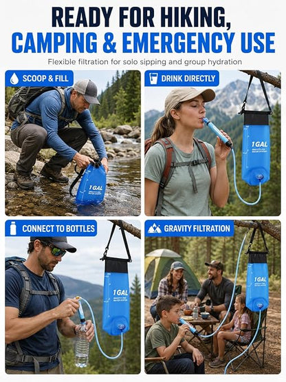 Gravity Water Filter System, TPU Water Purifier Bag, 0.01 Micron Ultrafiltration, 4000L Lifespan, BPA-Free Portable Water Filtration for Camping, Backpacking, Survival Gear (1 Gallon)