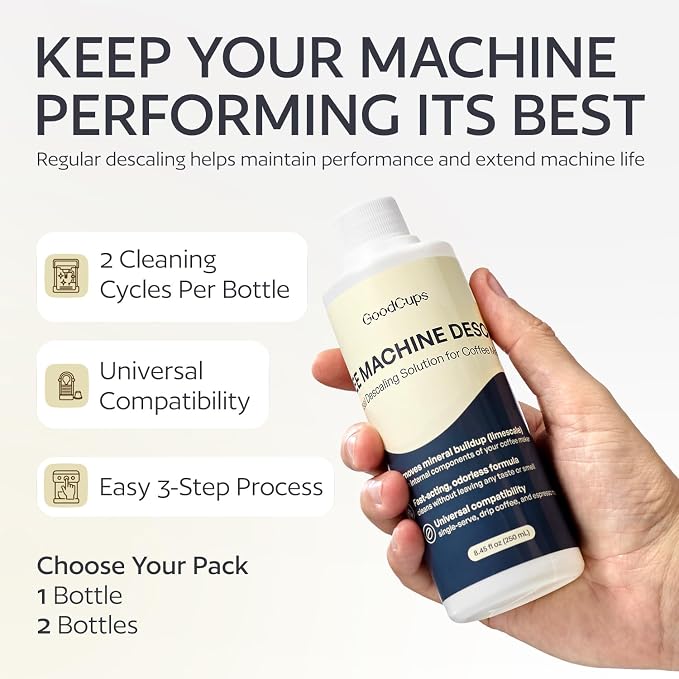 GoodCups Coffee Machine Descaler Solution, 2 Pack (16.9 fl oz Total), Universal Descaling Liquid for Keurig, Nespresso, Breville, Ninja, Espresso & Drip Coffee Makers, 4 Cleaning Cycles