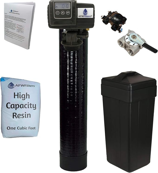 AFWFilters 1 Cubic Foot (32k) Whole Home Water Softener with High Capacity Resin, 3/4" Stainless Steel FNPT Connection, and Black Tanks