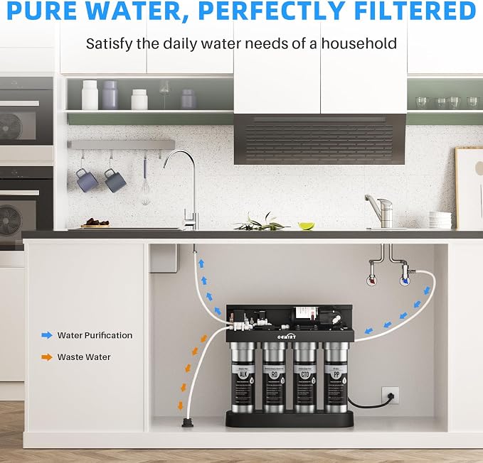Alkaline UV Reverse Osmosis System Stainless Steel 500 GPD Tankless RO Water Filter 8 Stage Remineralization Under Sink Water Filtration with Faucet 2:1 Pure to Drain
