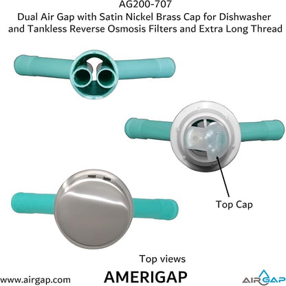 Dual Air Gap with Satin Nickel Brass Cap for Dishwasher and Tankless Reverse Osmosis Filter and Extra Long Thread (AG200-707, AG200-X07, AMERIGAP)