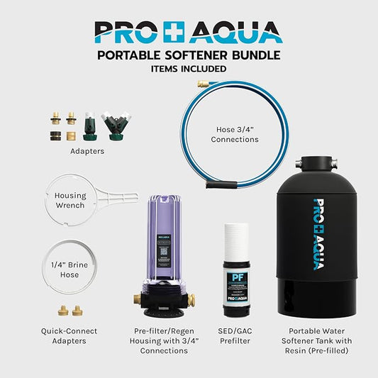 PRO+Aqua Portable RV Water Softener Filter and Soften Hard Water for RV Trailers Vans 16,000-Grains and Filtration System Bundle WS-P-16-BNDL