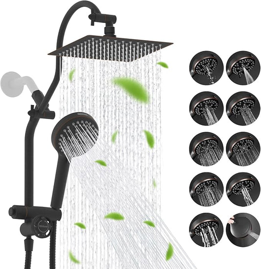 Hibbent cUPC Certified All Metal 8" Rainfall Showerhead Combo, High Pressure Shower Head with 10-Spray Handheld, Innovative 4-way Diverter with Pause Mode, 71'' Shower Hose & Holder, Oil Rubbed Bronze