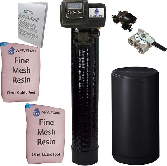AFWFilters 2 cubic Foot (64k) Whole Home Iron Pro Water Softener with Fine Mesh Resin, 3/4" Stainless Steel FNPT Connection, and Black Tanks