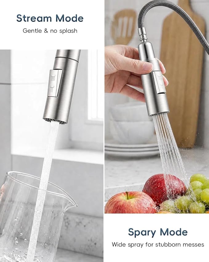 APPASO Brushed Nickel Kitchen Faucet with Soap Dispenser and Pull Down Sprayer, 2-Mode S304 Stainless Steel High Arc Faucet with Deck Plate for 1-4 Hole Sink, Lead-Free cUPC Certified