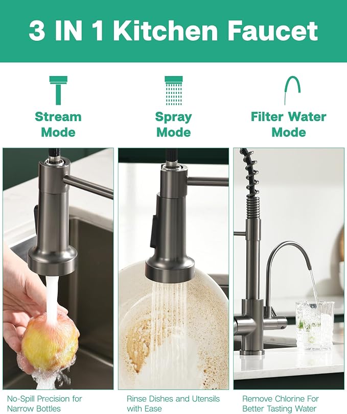 GIMILI 3 in 1 Kitchen Faucet with Pull Down Sprayer Black Stainless Two Handle Kitchen Sink Faucet with Under Sink Water Filter System Reduces PFAS, PFOA/PFOS, Lead, Chlorine, Bad Taste & Odor