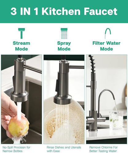 GIMILI 3 in 1 Kitchen Faucet with Pull Down Sprayer Black Stainless Two Handle Kitchen Sink Faucet with Under Sink Water Filter System Reduces PFAS, PFOA/PFOS, Lead, Chlorine, Bad Taste & Odor