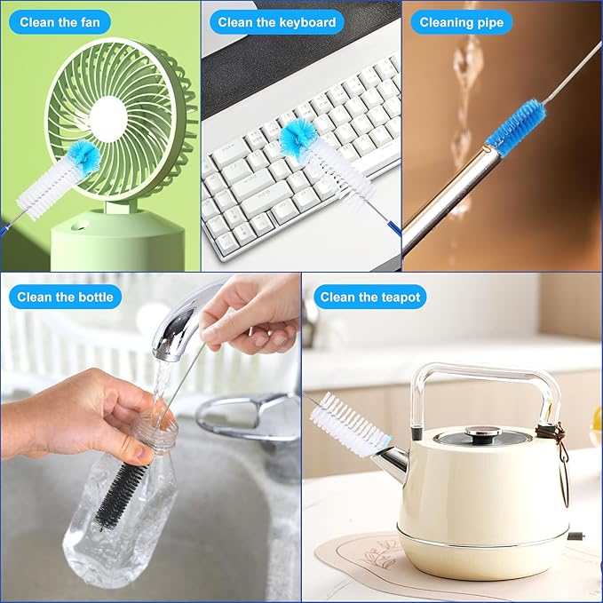12pcs Glass Tube Pipe Cleaners Brush Kit, 14.5 inch Long Nylon Straw Brush for Glass Funnel and Bottle, 8.2 inch Different Diameters Brush, 35 inch Flexible Double Ended Hose Brush