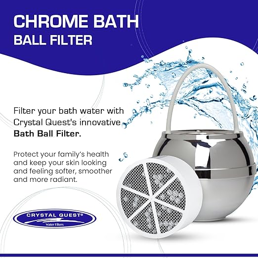 Crystal Quest Bath Ball Filter for Tub Faucet, Bathtub Water Filter, BPA-Free Bathtub Filter, Removes Chlorine, Lead & Impurities, Improves Skin, Hair & Nails, with Extra Cartridge - Chrome