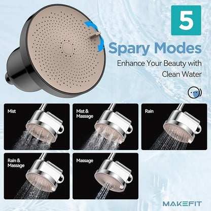 NSF Certified Filtered Shower Head - 5 Settings High Pressure Rain Shower Head for Hard Water Softener - Easy Install & Replace - Bathroom Showerhead to Remove Chlorine & Heavy Metals (Matte Black)