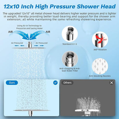 Hibbent cUPC Certified All Metal 12" Rainfall Showerhead Combo, High Pressure Shower Head with 10-Spray Mode Handheld, Innovative 4-way Diverter with Pause Mode, 71'' Shower Hose and Holder, Chrome