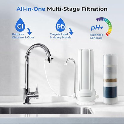 iSpring CT10-W Countertop Water Filter, Multi-Layer Faucet Water Filter System with Versatile Faucet Adapter, Reduces Heavy Metals, Bad Odor, and Chlorine, White