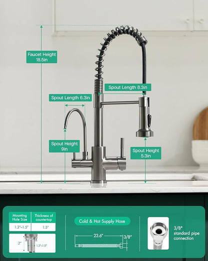 GIMILI 3 in 1 Kitchen Faucet with Pull Down Sprayer Black Stainless Two Handle Kitchen Sink Faucet with Under Sink Water Filter System Reduces PFAS, PFOA/PFOS, Lead, Chlorine, Bad Taste & Odor