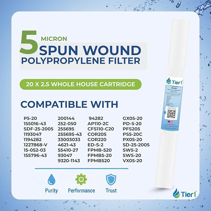 Tier1 5 Micron 20x2.5 Water Filter | Spun Wound Polypropylene Whole House Sediment Cartridge | Replacement for Pentek P5-20, 155016-43, SDF-25-2005 | 2.5 x 20 P5-20 Water Filter