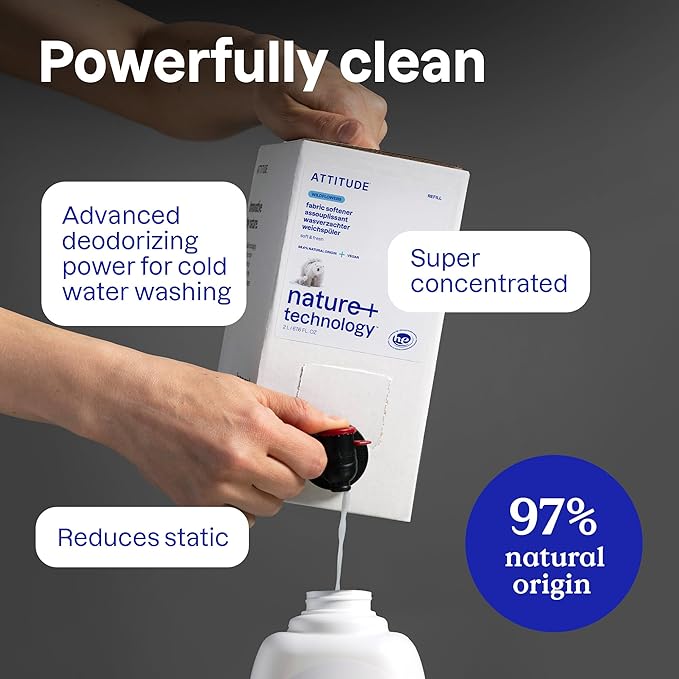 ATTITUDE Liquid Fabric Softener, Plant-Based & Vegan, HE Compatible, Naturally Derived, Unscented, 40 Loads, 33.8 Fl Oz
