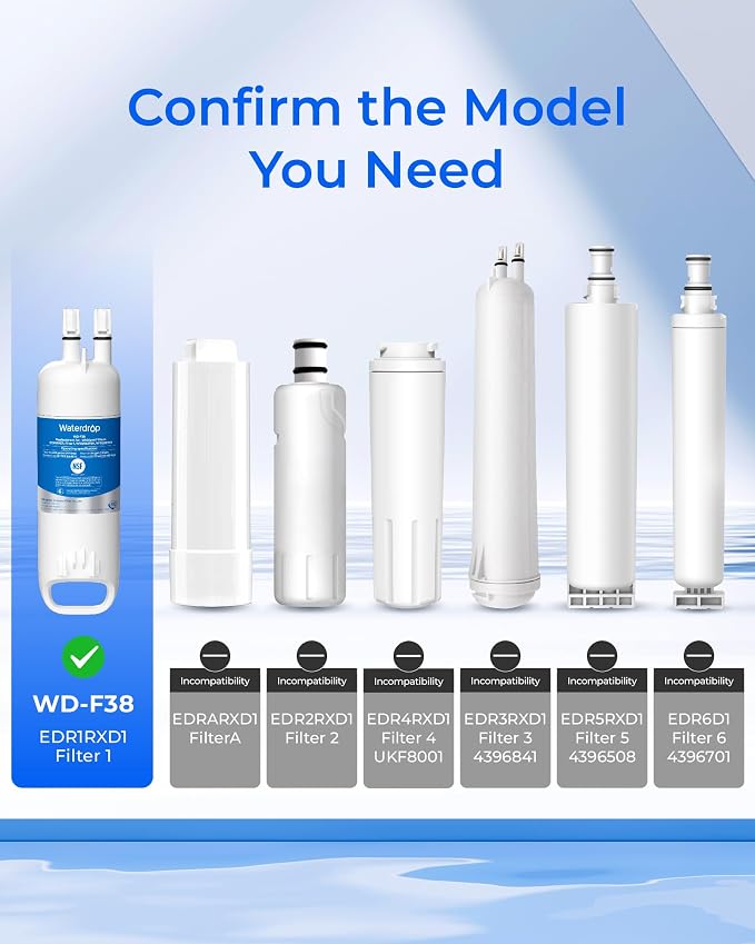 Waterdrop EDR1RXD1 Refrigerator Water Filter, 4 Pack | Replacement for Filter 1, W10295370A, EDR1RXD1B, P8RFWB2L, P4RFWB, WD-F38,